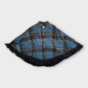 Vintage 70s Trego’s Westwear Plaid Wool Fringe Poncho Cape Blue | Size M Western